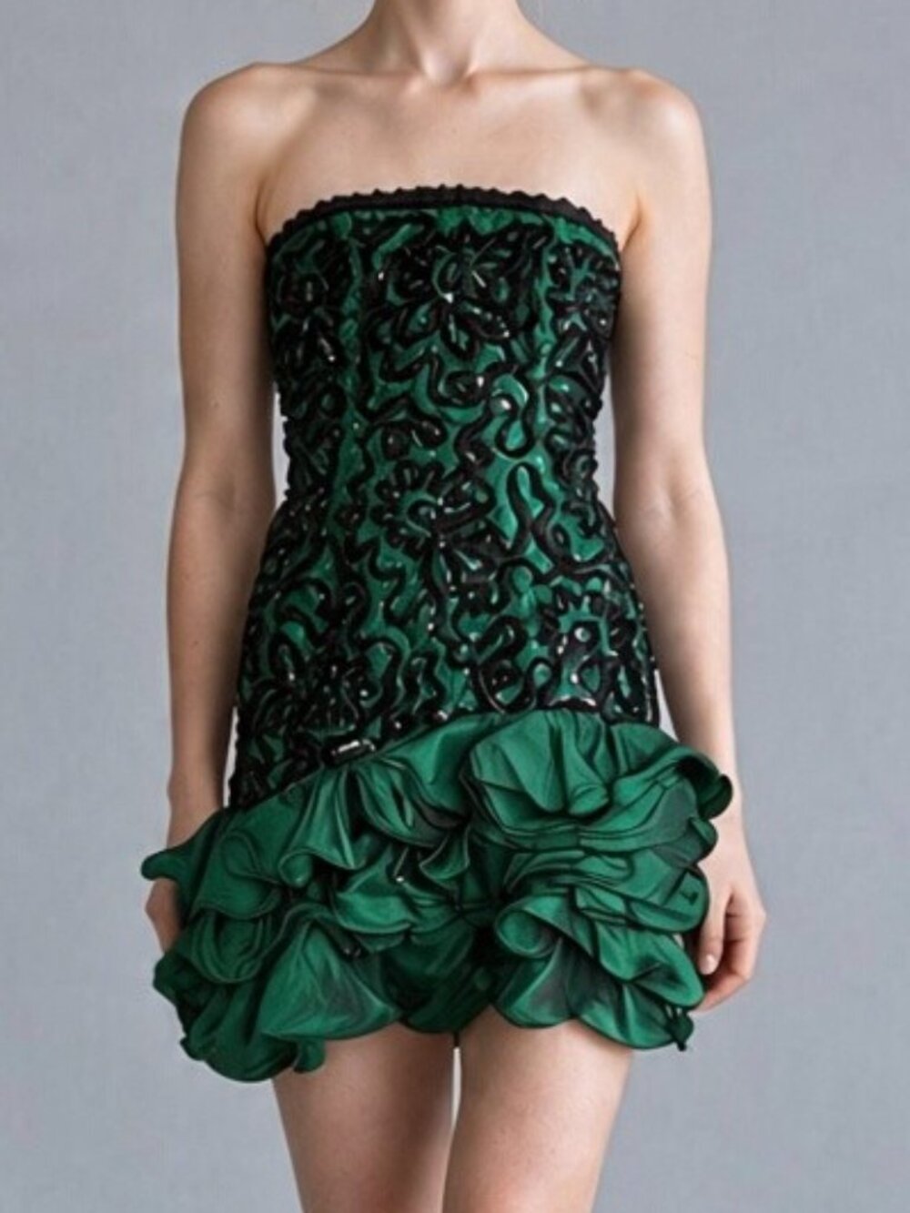 A.J. Bari Strapless Fitted Cocktail Mini Dress 80s Prom Coquette Green Black